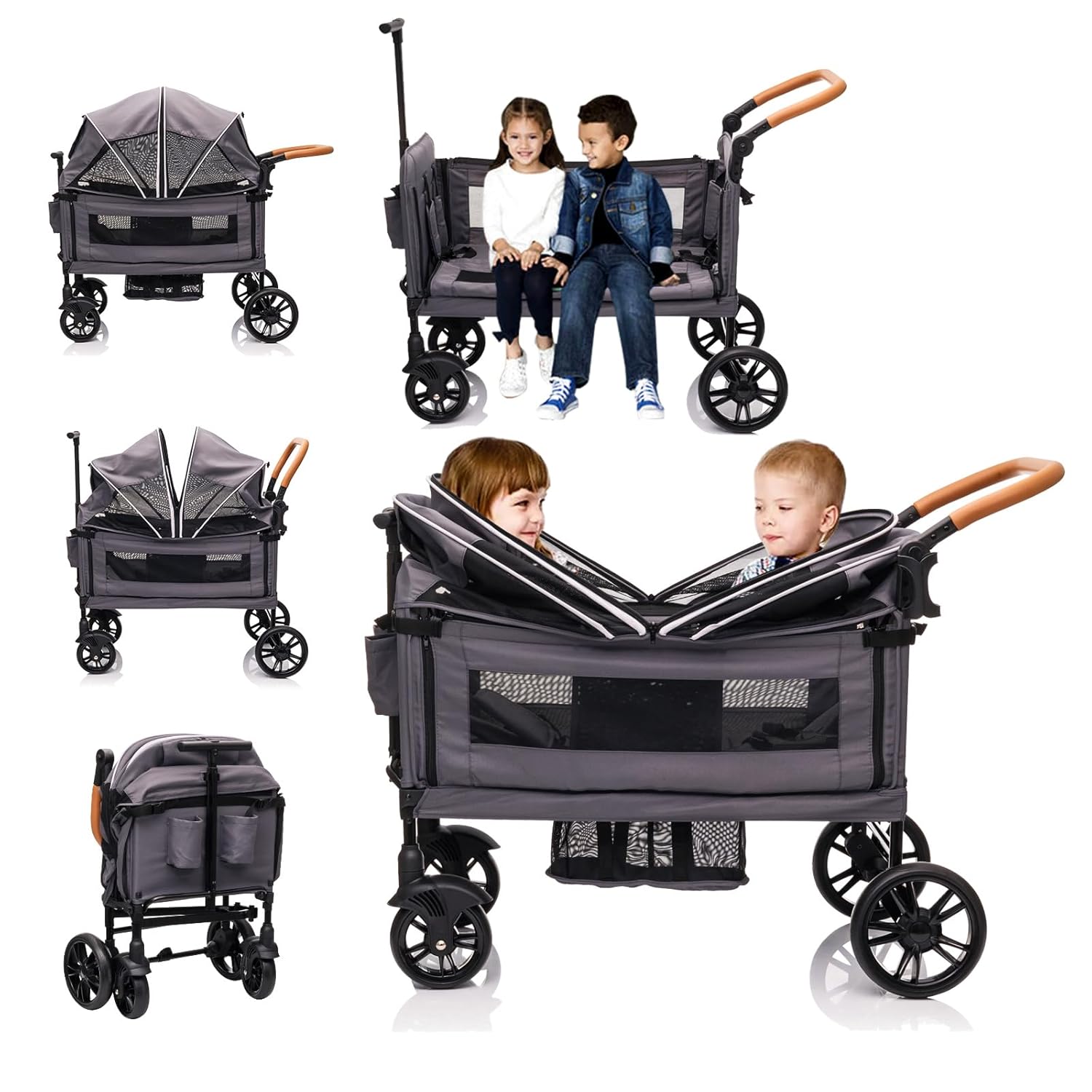 Wagon Stroller for 2 Kids & Cargo-Travel Stroller Push-Pull Double Wagon Lightweight Folding Stroller for Newborn&Toddler with 5-Point Harness,Adjustable Handle Bar and Canopy,Tray Table,Cup Holder wourant