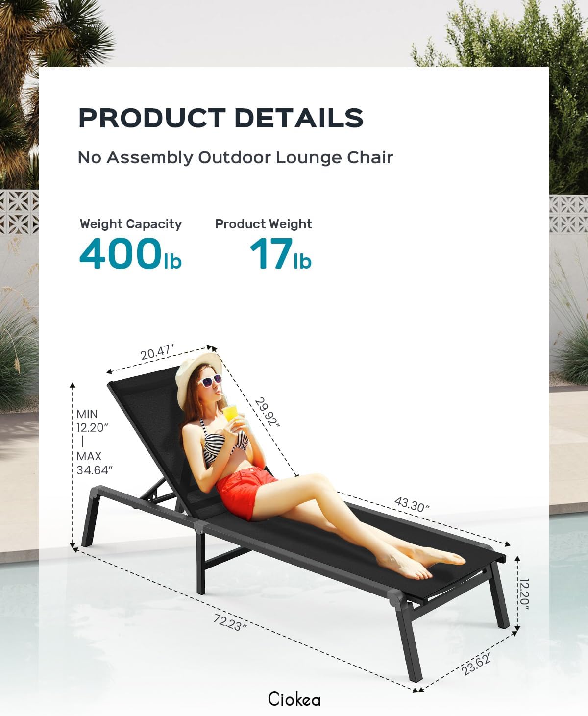 Aluminum Chaise Lounge Ourdoor - Foldable & Assemble Free Outdoor Lounge Chair with 5 Adjustable Backrest, Patio Lounge Chair for Outside Poolside Beach Pool, Black wourant