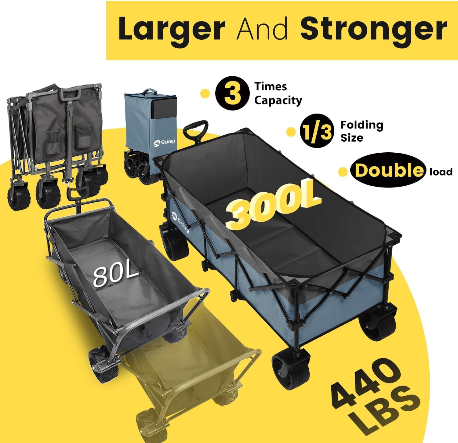 Sekey 48 Inch Long Foldable Extended Travel Cart, 440 Lbs Load Capacity, Heavy Duty 300 Liter Folding Multi-Purpose Garden Cart wourant