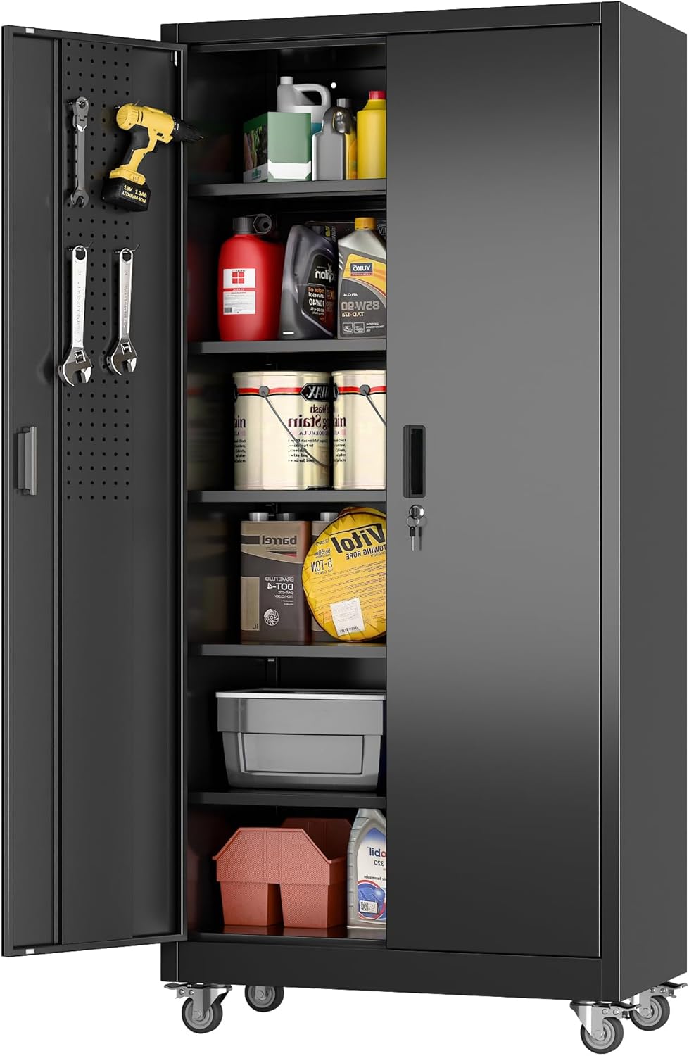 Metal Storage Cabinet with Pegboard 71'' x 34'' x 18'',Lockable Steel Storage Cabinet with 5 Adjustable Shelves and Door for Garage, Office, Kitchen, Assembly Required(Black) wourant
