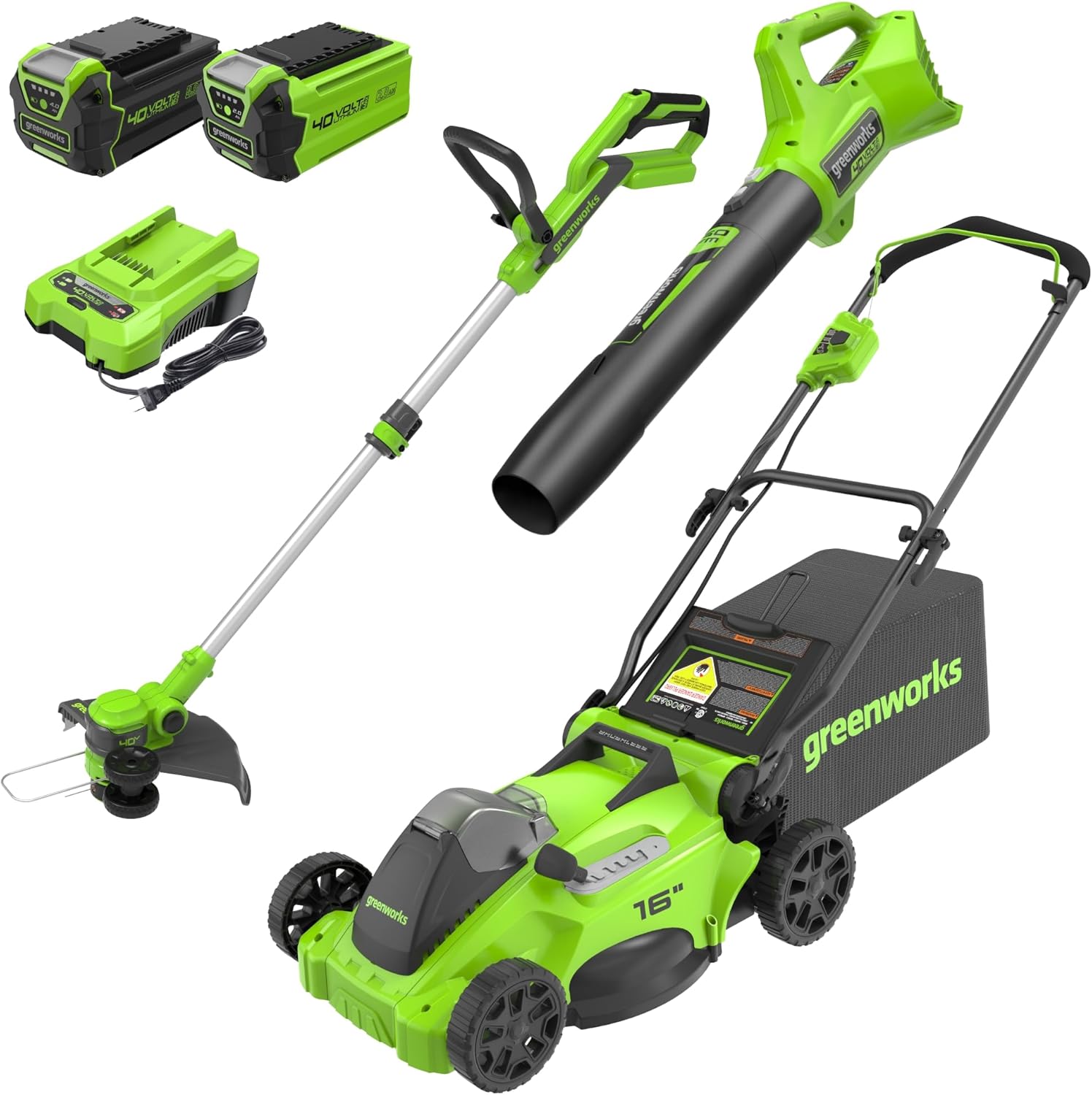 Greenworks 40V 16" Brushless Cordless (Push) Lawn Mower Blower (350 CFM) 13" String Trimmer wourant