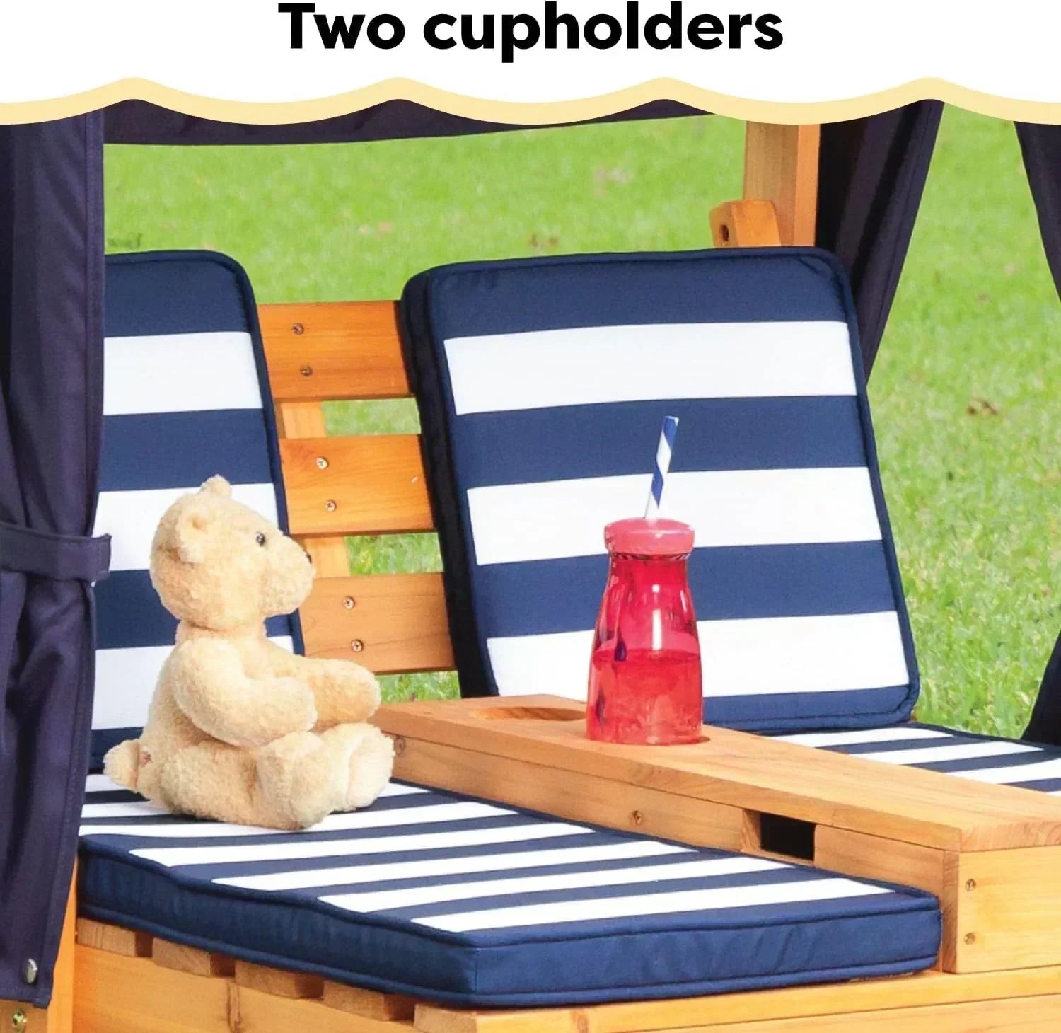 KidKraft Wooden Outdoor Double Chaise Lounge with Cup Holders Kids Patio Furniture Honey wourant