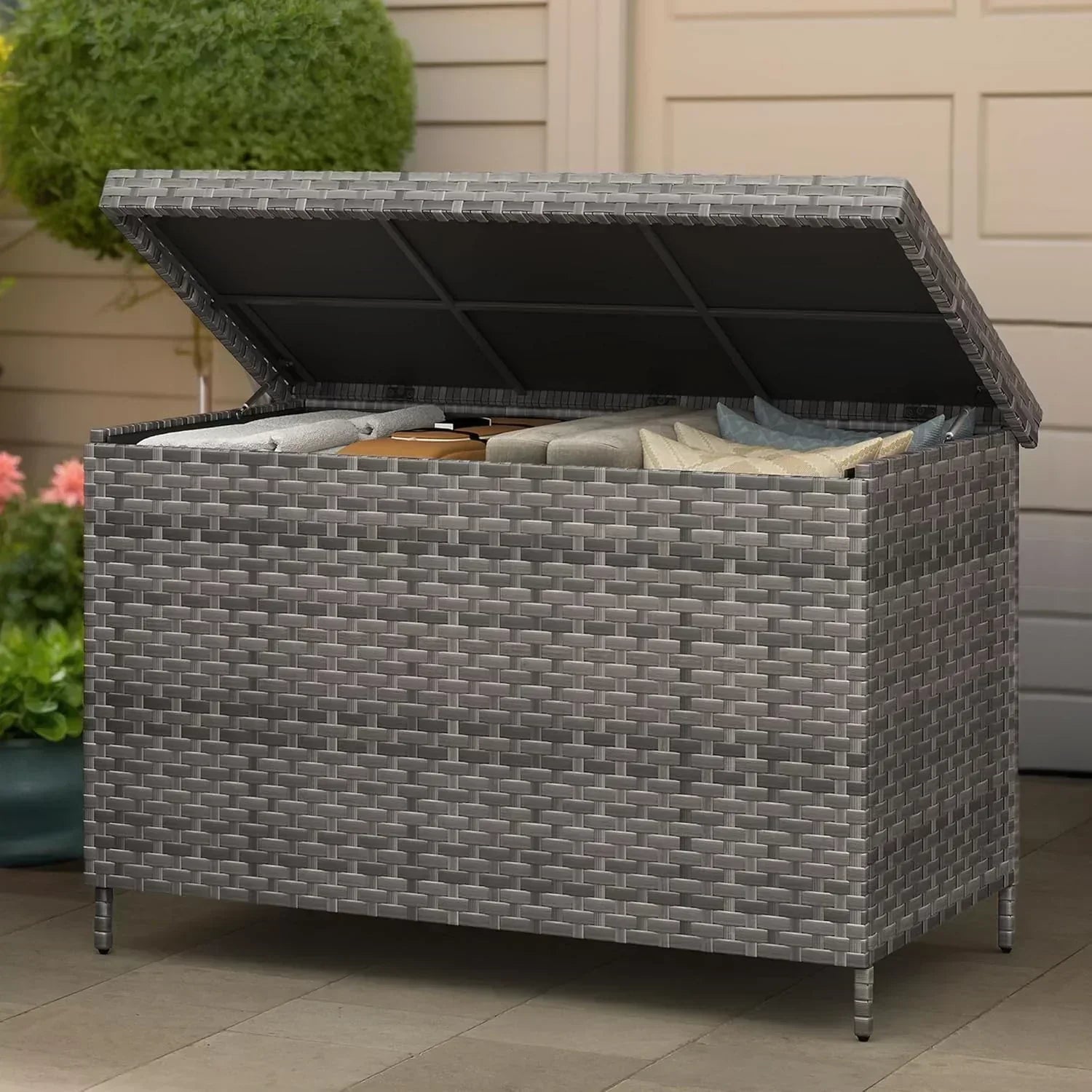 DWVO 70Gal Outdoor Storage Bench with Cushion Composite Wood Backrest Wicker Deck Bench wourant