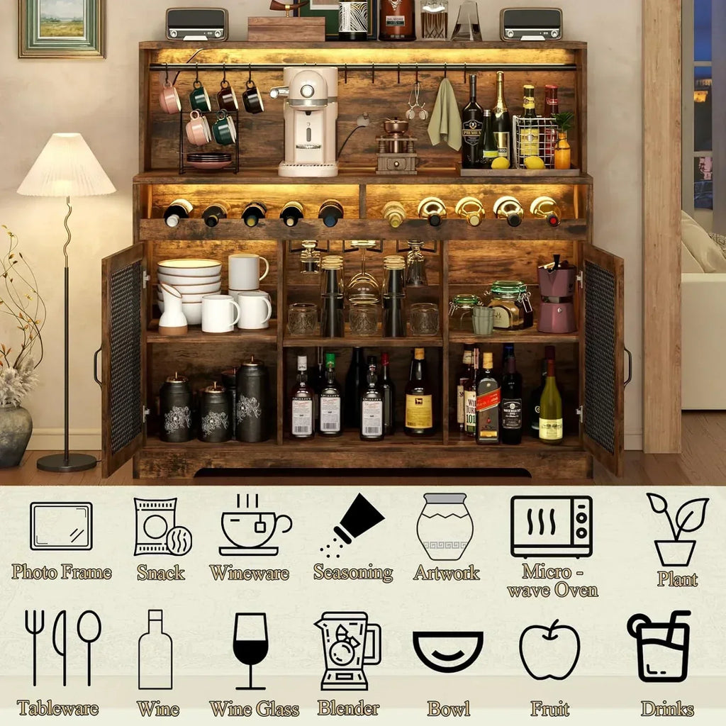 Wine Bar Cabinet with LED Light Liquor Cabinet with Glass Holder Coffee Bar for Liquor wourant
