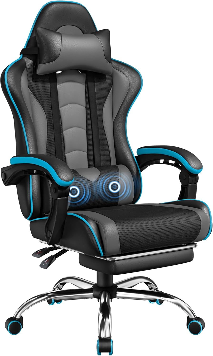 Gaming Chair with Massage Lumbar Support and Footrest Height Office Gaming Chair wourant