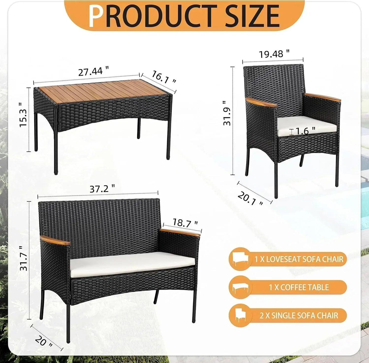 Shintenchi 4-Piece Patio Furniture Set Outdoor Wicker Patio Conversation Furniture Set with Cushions wourant
