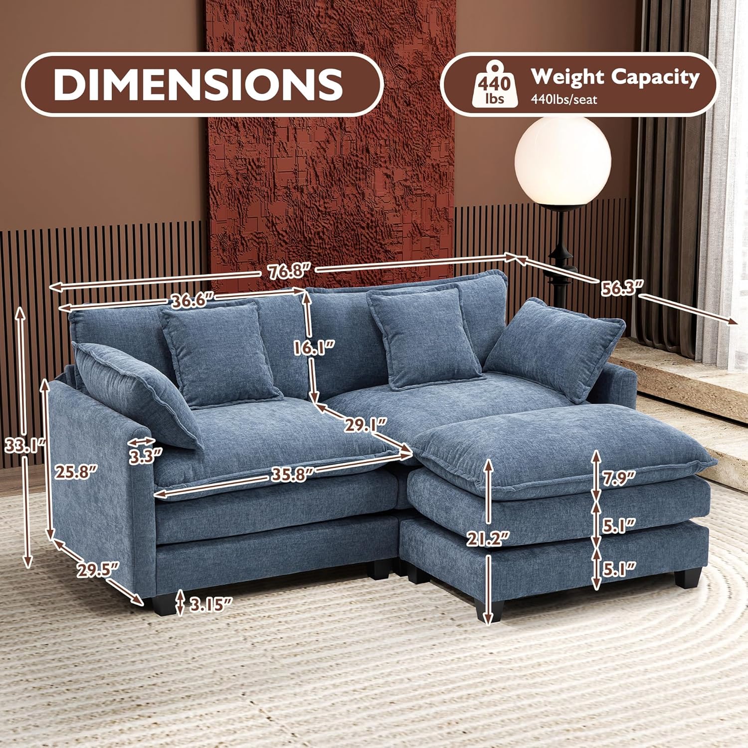 111.4 Inch L Shaped Modern Sofa Modular Cloud Sofa with Ottoman 4 Seater Chenille Deep Seat Sofa wourant