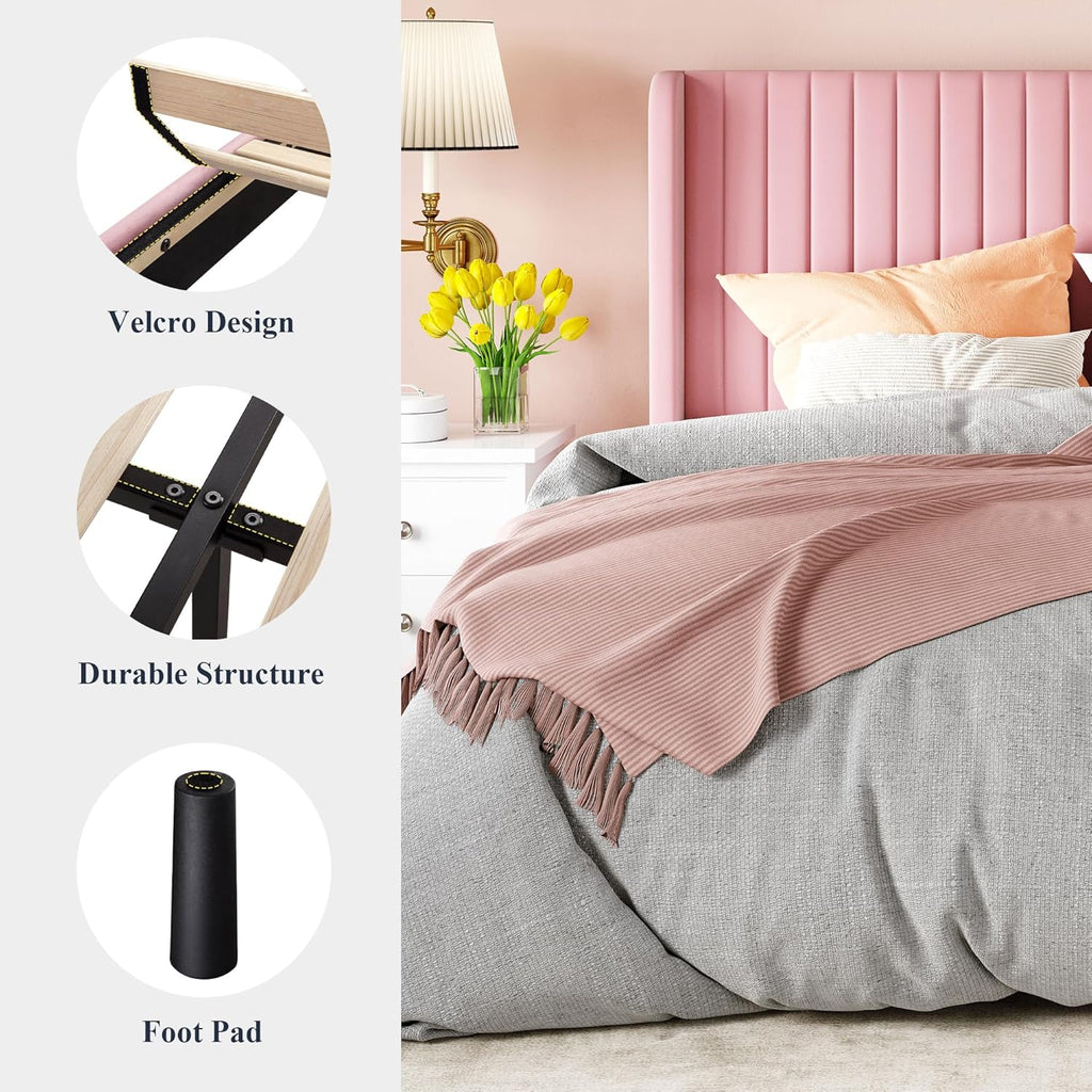 Allewie Full Size Velvet Bed Frame Vertical Channel Tufted Wingback Headboard Upholstered Bed wourant