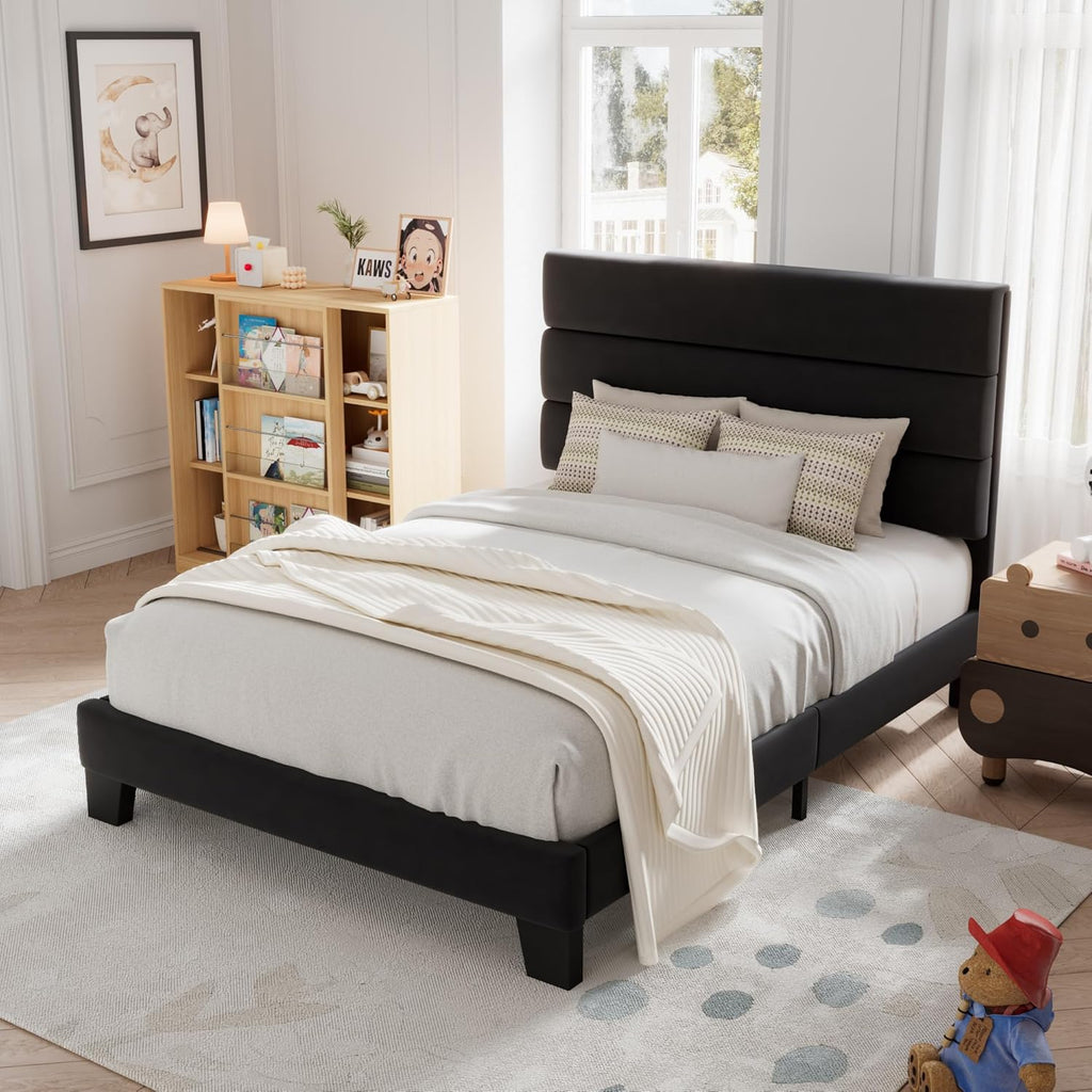 Allewie Queen Size Platform Bed Frame with Fabric Upholstered Headboard Wooden Slats Support wourant