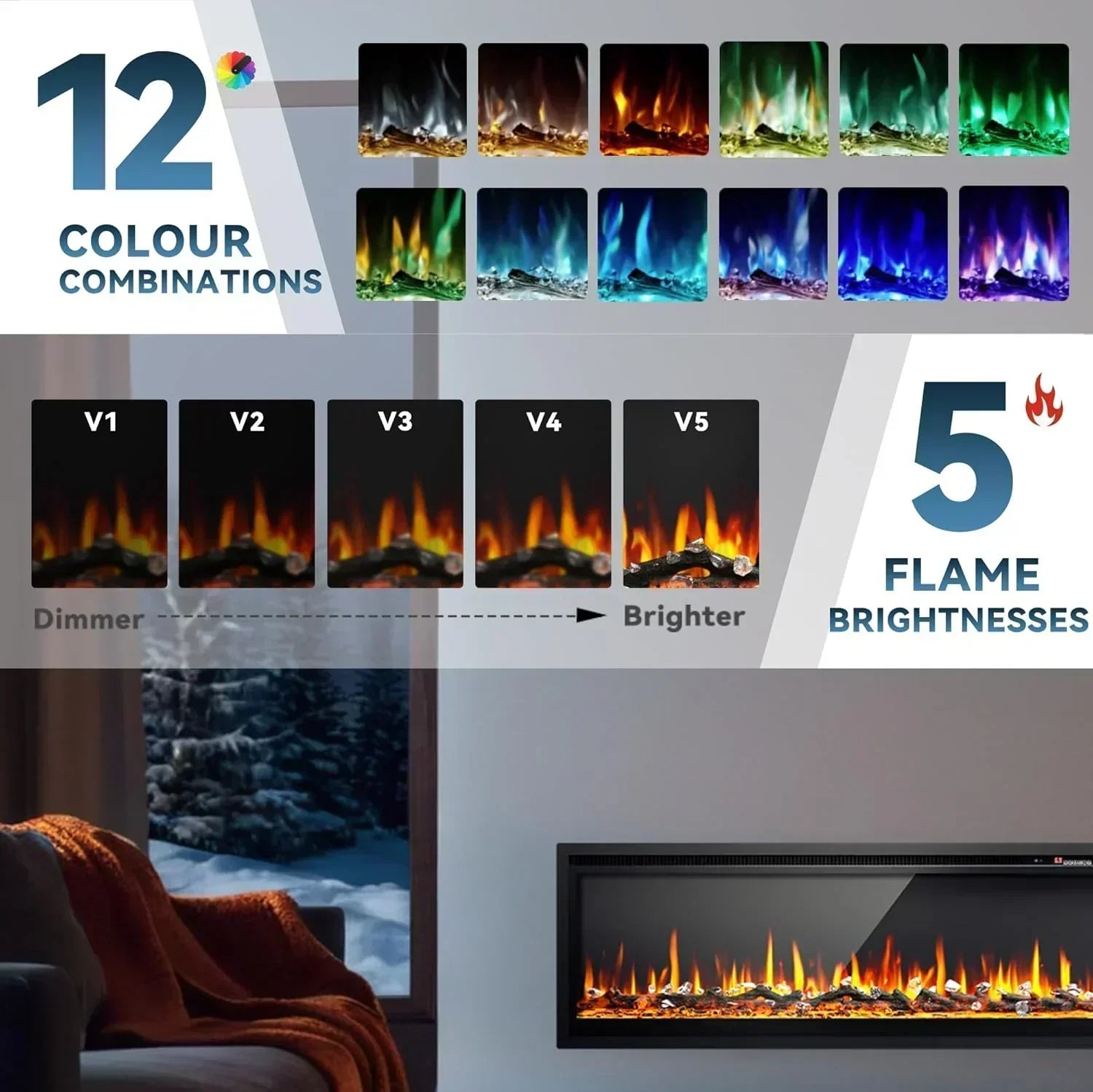 EUHOMY 50 Inch Electric Fireplace Wall Recessed Adjustable Flame Color Fireplace Heater wourant