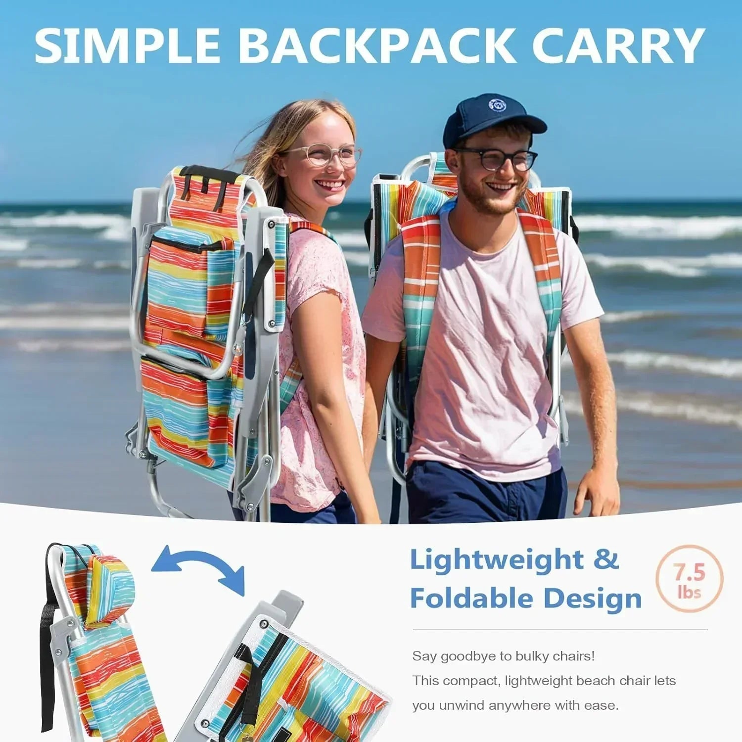 5-Position Aluminum Lay Flat Tall Backpack Beach Chairs 2 Pack Compact Portable Beach Chairs wourant