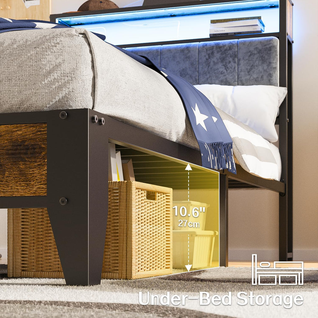 OLEVS Single Bed Frame LED Light Storage Headboard Type C Charging Station Metal Platform Bed wourant