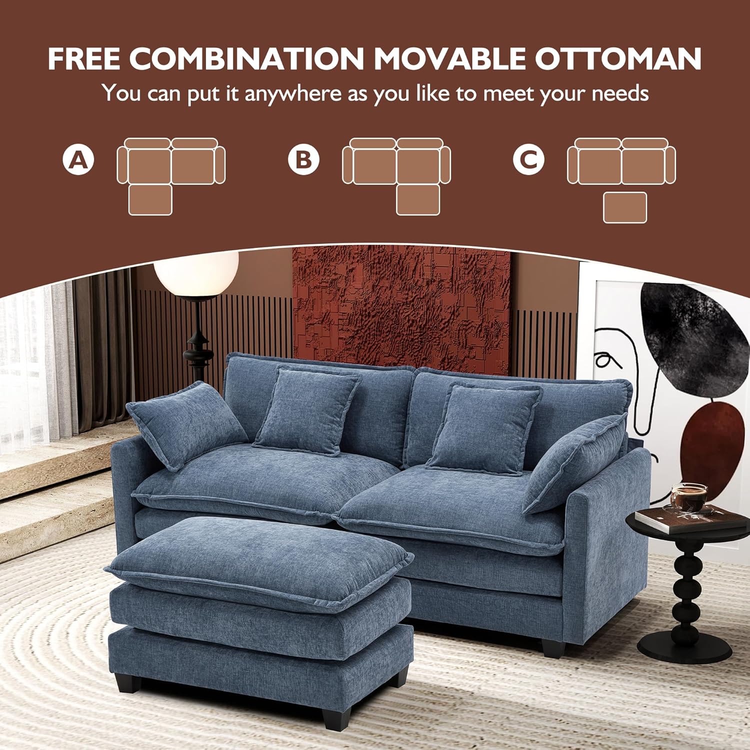 111.4 Inch L Shaped Modern Sofa Modular Cloud Sofa with Ottoman 4 Seater Chenille Deep Seat Sofa wourant