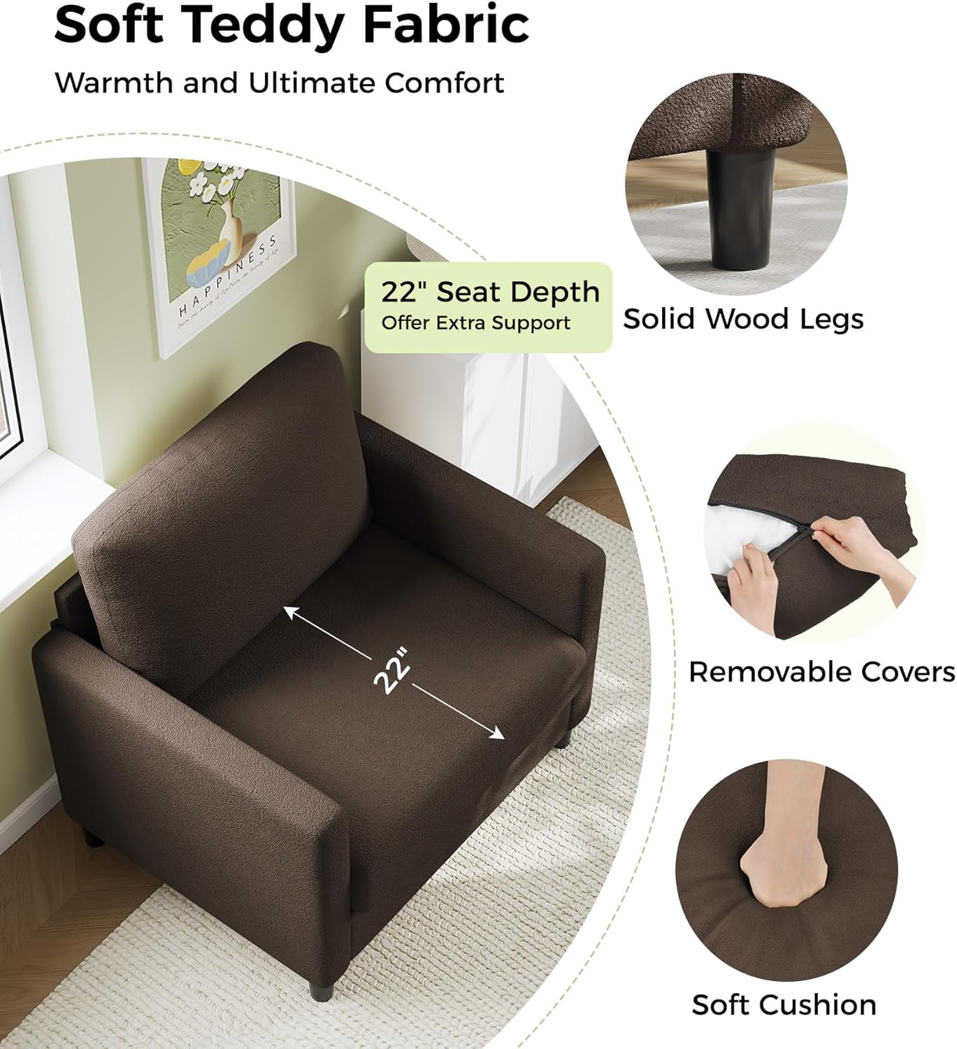 Loveseat Sofa 51" Love Seat Comfy Corduroy Small Loveseat Tool-Free Setup Couch wourant