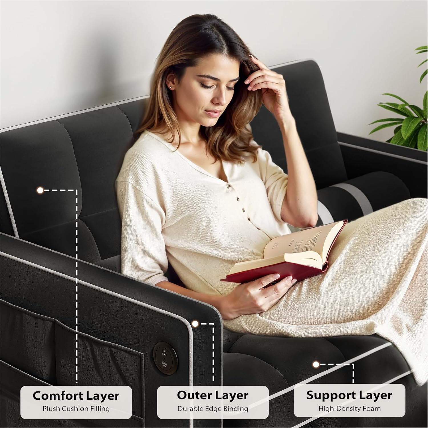 Pipishell 3 in 1 Convertible Sleeper Sofa Bed Pull Out Couch for Living Room USB Ports Side Pockets wourant