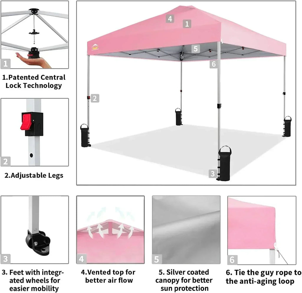 10x10 Pop-Up Awning One-Click Installation Beach Tent Outdoor Sunshade Silver Coated Top wourant