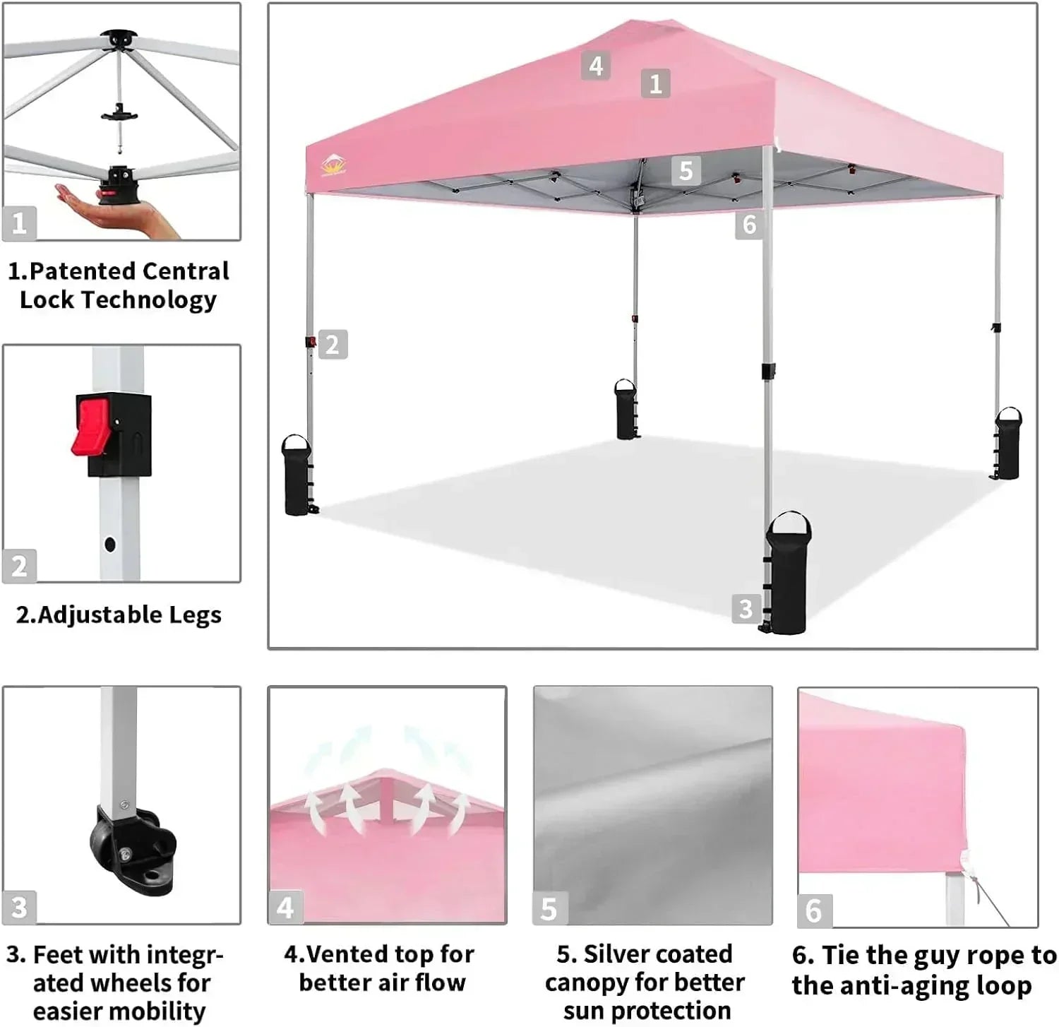 10x10 Pop-Up Awning One-Click Installation Beach Tent Outdoor Sunshade Silver Coated Top wourant