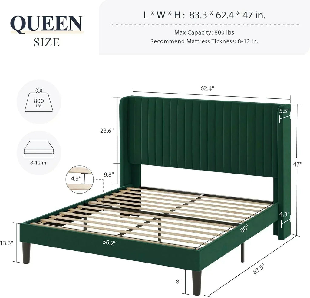 Allewie Full Size Velvet Bed Frame Vertical Channel Tufted Wingback Headboard Upholstered Bed wourant