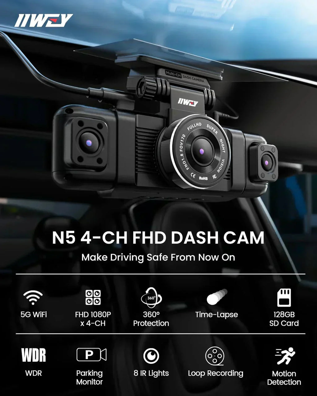 Channel Dash Cam 360° View 1080P Front and Rear Interior Car Left and Right Dash Cam wourant