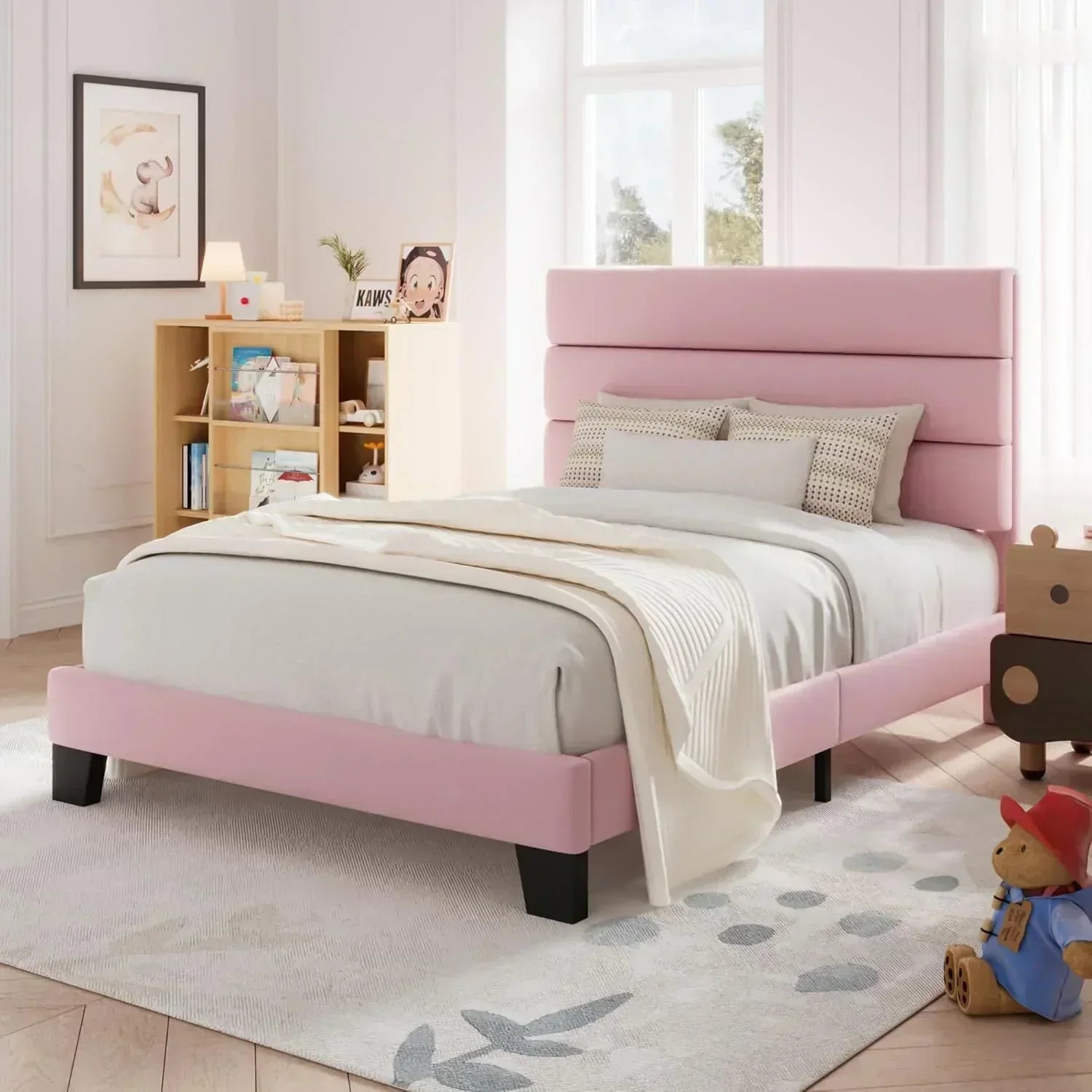 Allewie King size platform bed frame with velvet upholstered headboard and planks wourant