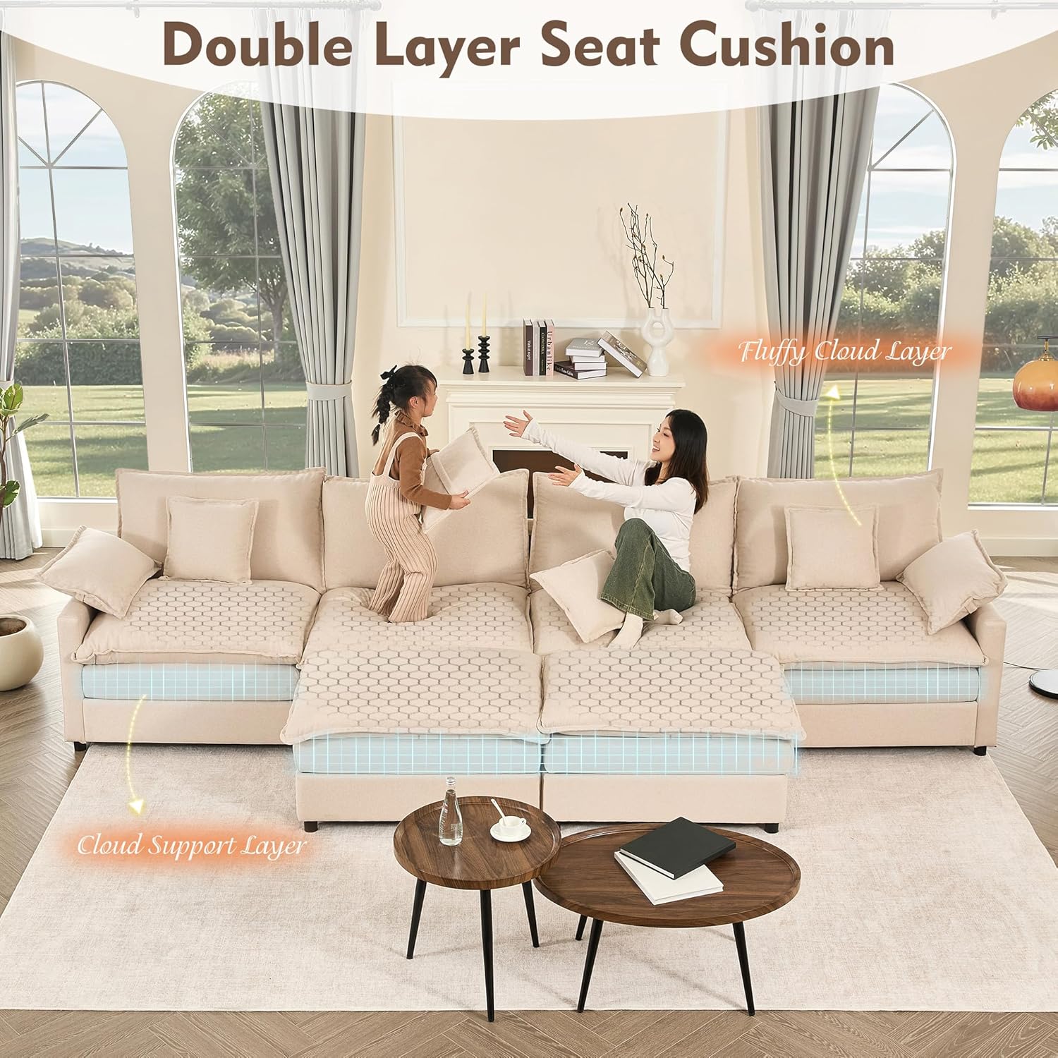 108" U-shaped sofa modular sofa three-seater comfortable cloud sofa wourant