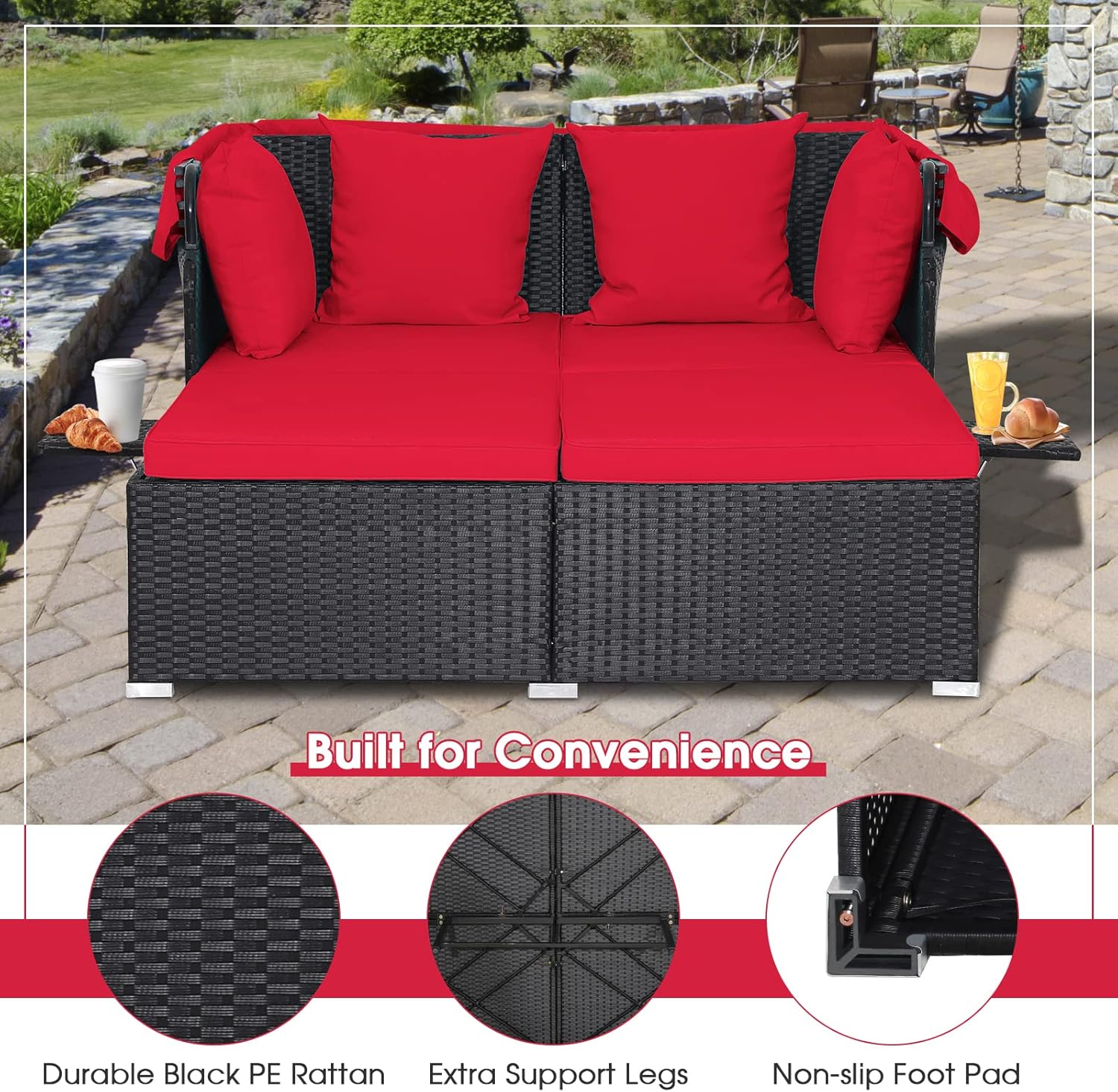 RELAX4LIFE Patio Outdoor Daybed with Canopy Wicker Sunbed Cushions 4 Pillows wourant