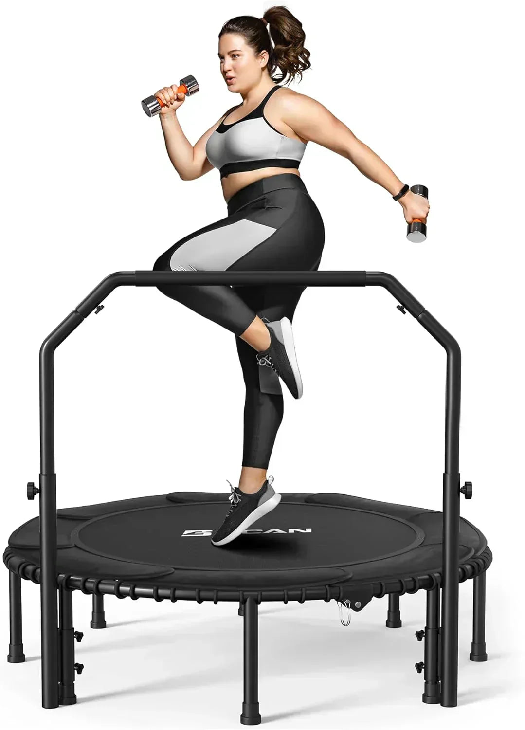 BCAN 450/550 LBS Foldable Mini Trampoline Fitness Trampoline Bungees Adjustable Foam Handle wourant