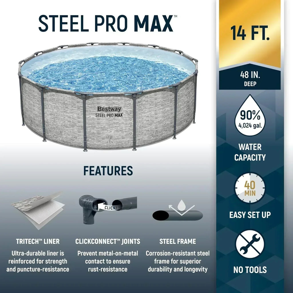 Steel Pro MAX 14 Foot x 48 Inch Round Metal Frame Above Ground Outdoor Swimming Pool Set wourant