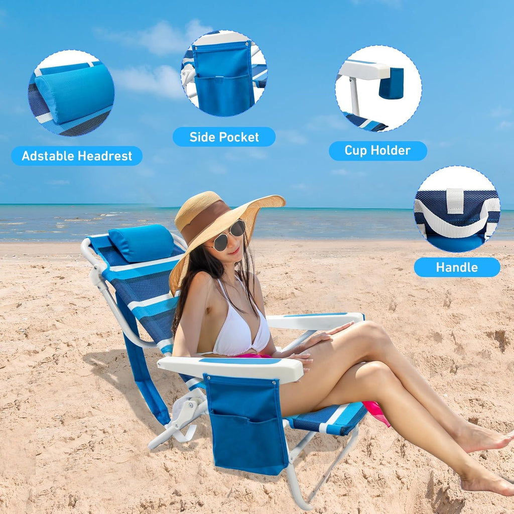 Beach Chair 2 Pack 5 Positions Textilene Folding Reclining Beach Chair with Straps Cooler Bag wourant