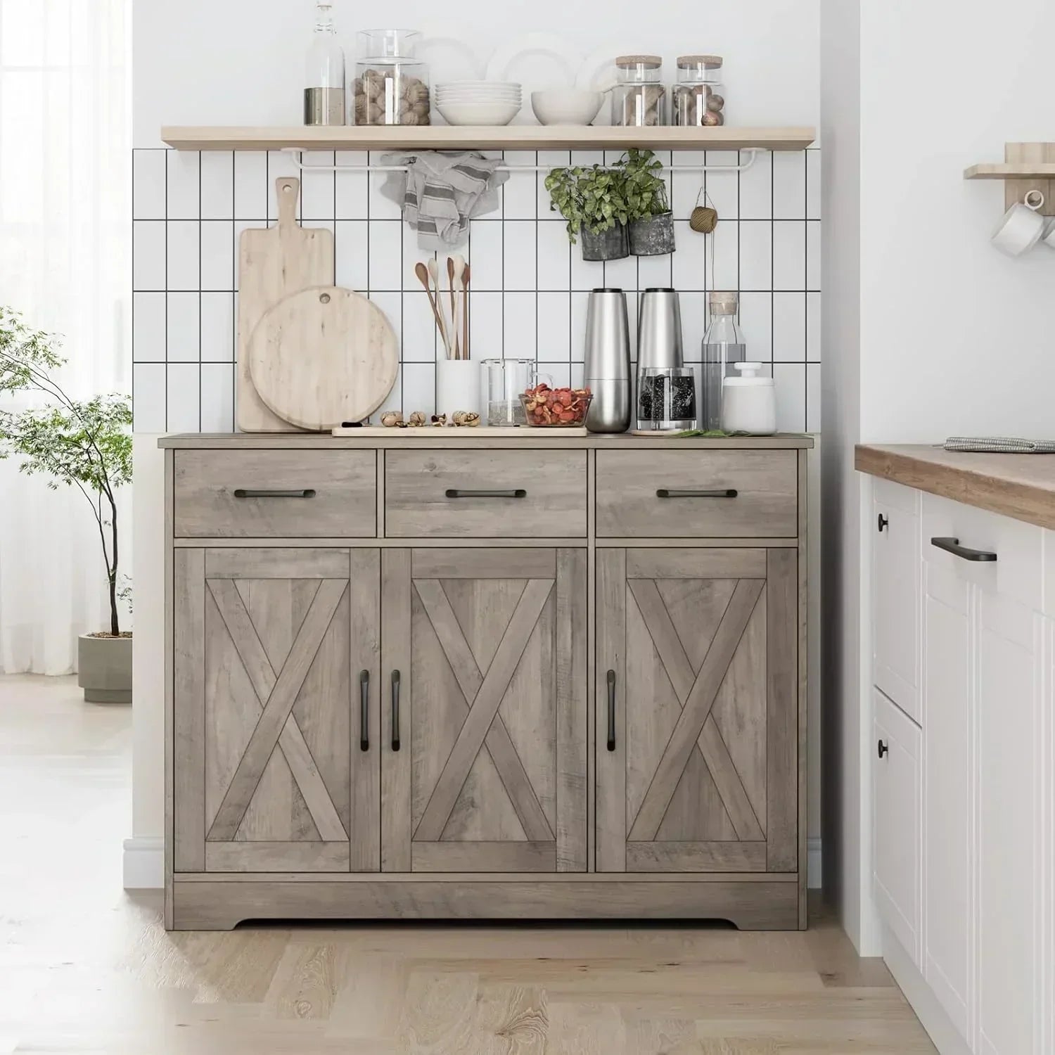 Modern farmhouse sideboard barn door buffet storage cabinet with drawers and shelves wourant