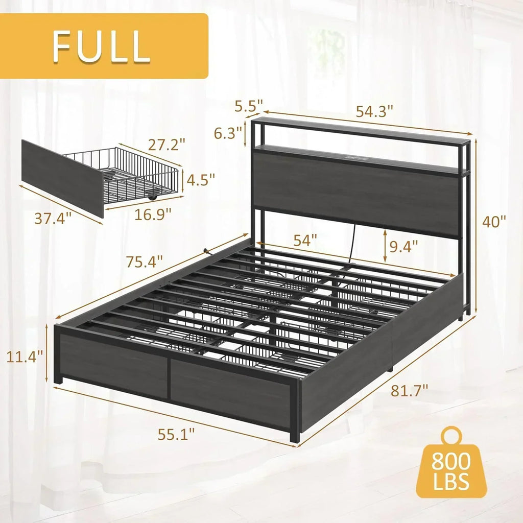 Lifezone Queen Bed Frame 2-Tier Storage Headboard Metal Platform Bed Frame 4 Storage Drawers wourant