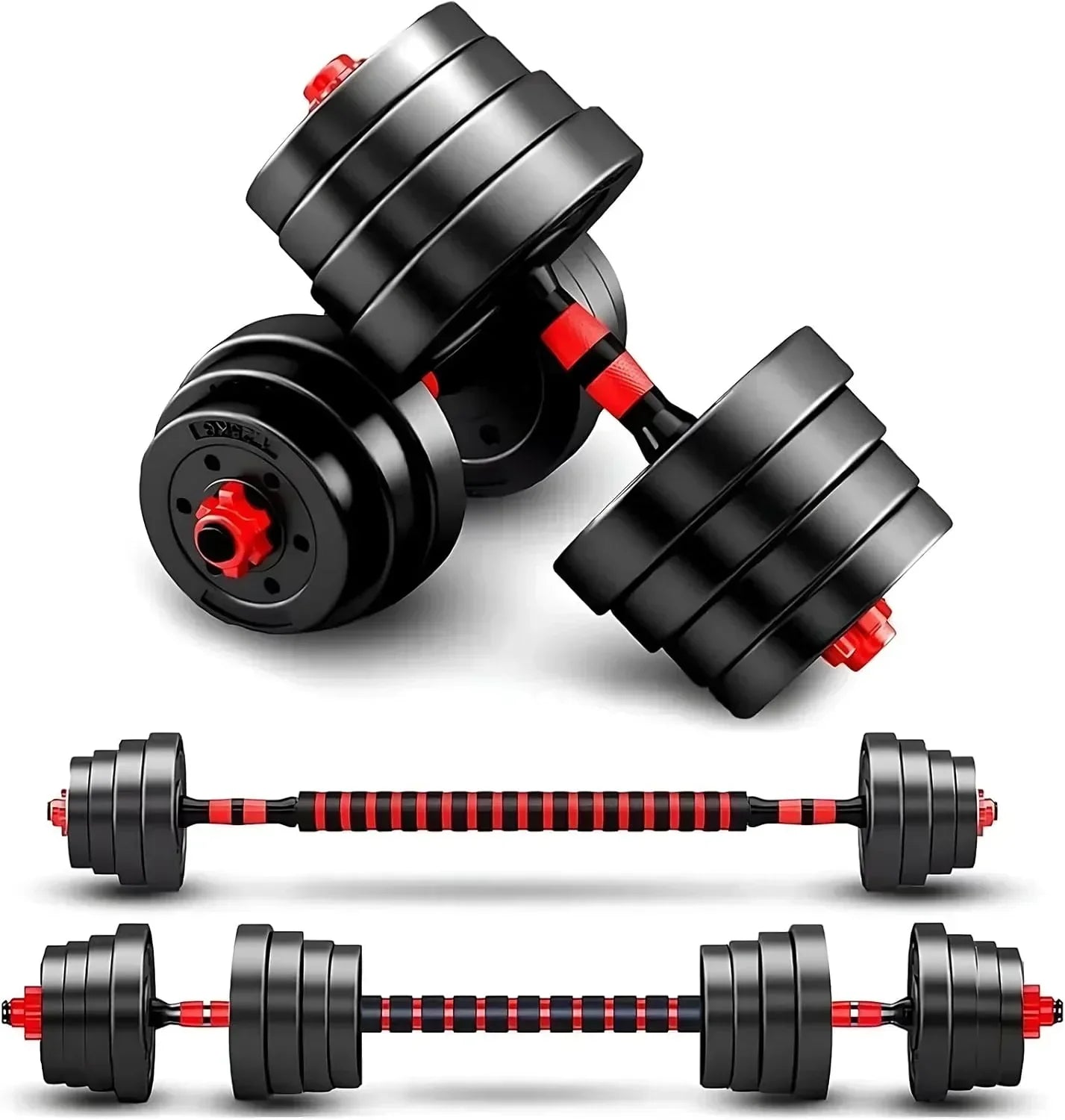 Adjustable dumbbell set, free weight dumbbell pair convertible into barbell wourant