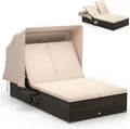 RELAX4LIFE Outdoor Daybed Retractable Canopy Wicker Double Chaise Lounge 6-Position Backrest wourant