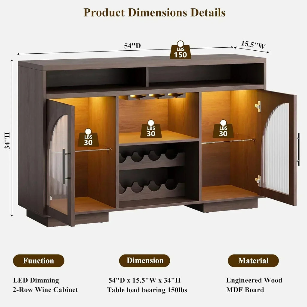 Sideboard 54-inch kitchen cabinet with LED lights and arched glass doors tall bar cabinet wourant