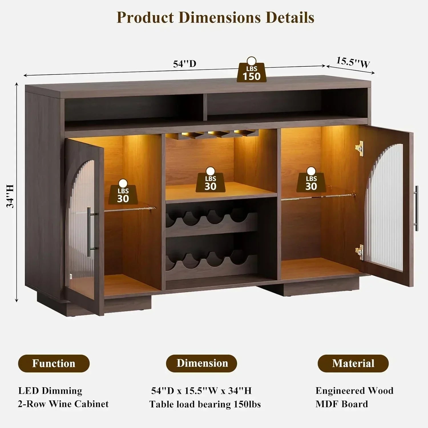Sideboard 54-inch kitchen cabinet with LED lights and arched glass doors tall bar cabinet wourant