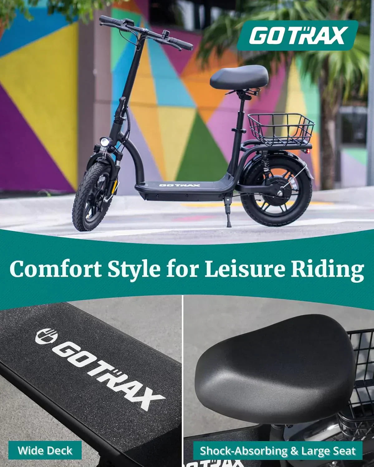 Gotrax adult electric scooter with seat maximum range of 19-25 miles all-terrain tires wide pedals wourant