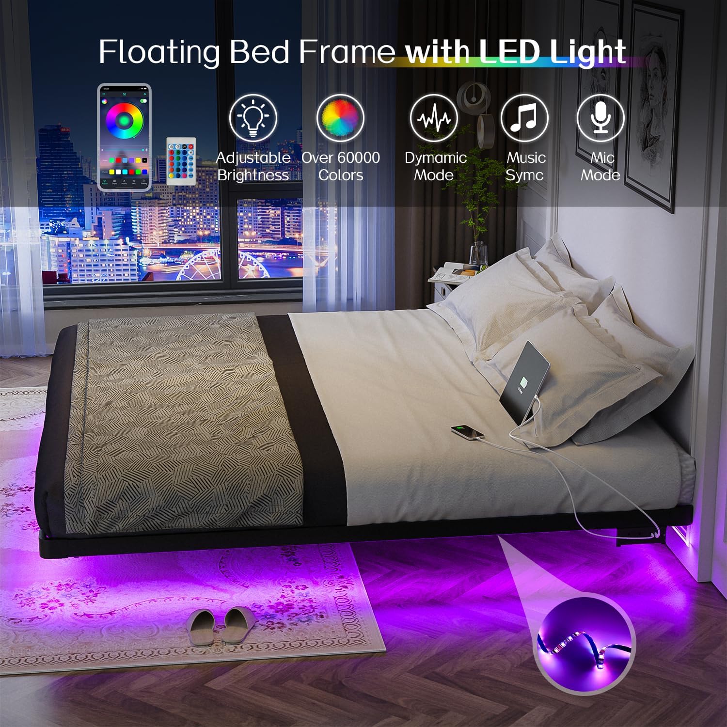 OLEVS Floating Bed Frame Queen Size with Smart LED Lights Modern Metal Platform Bed wourant