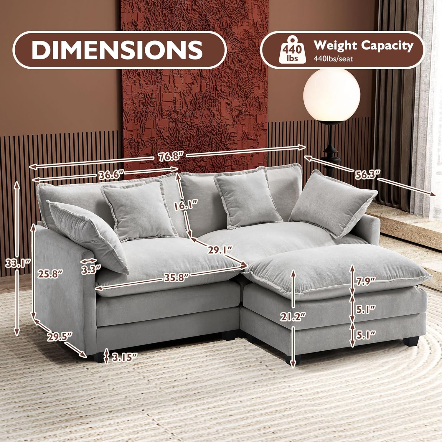 111.4 Inch L Shaped Modern Sofa Modular Cloud Sofa with Ottoman 4 Seater Chenille Deep Seat Sofa wourant