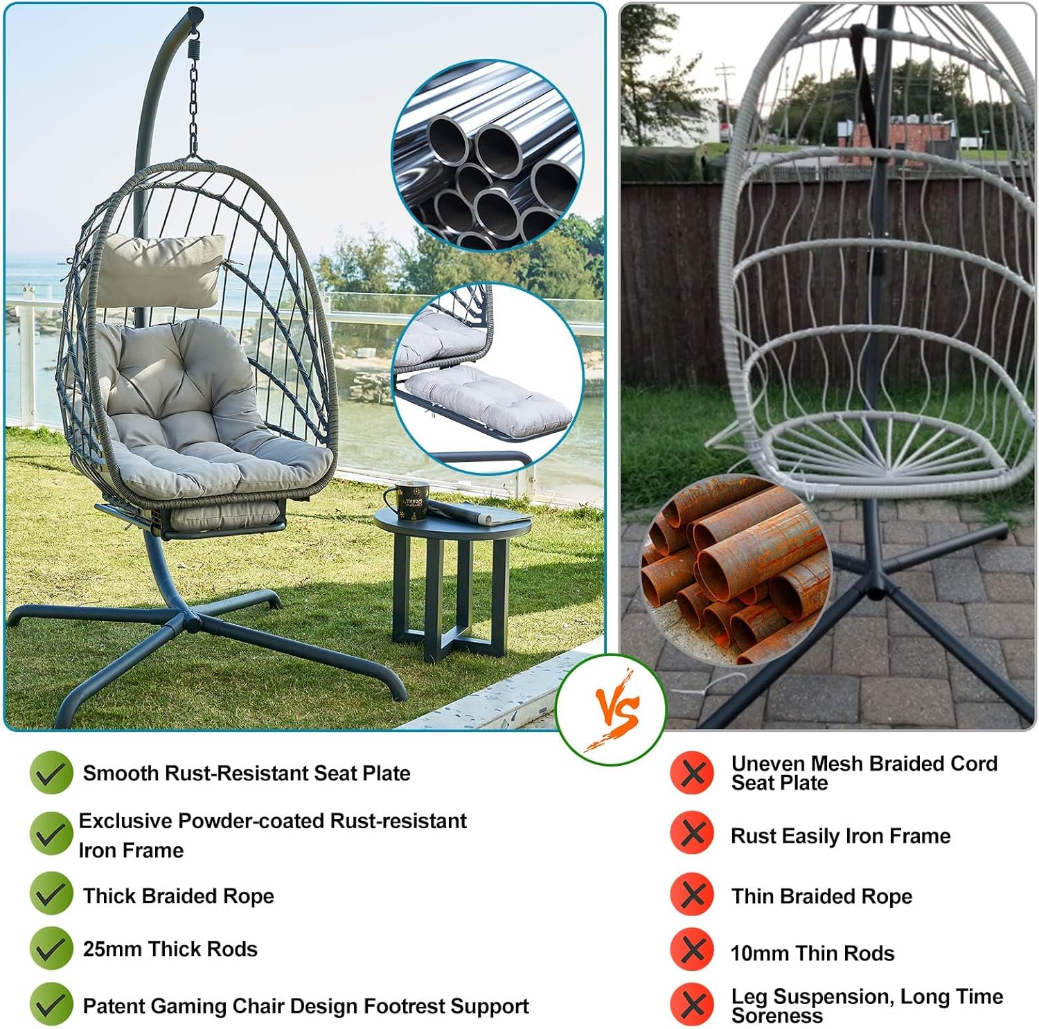 Hanging Egg Chair with Stand and Leg Rest Rattan Wicker Swing Hammock Chair UV-Resistant Cushion wourant