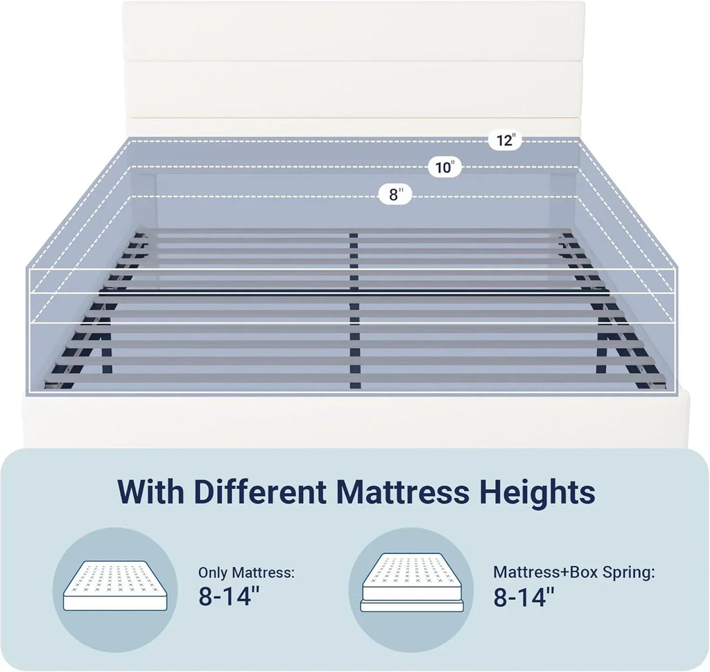 Allewie King size platform bed frame with velvet upholstered headboard and planks wourant
