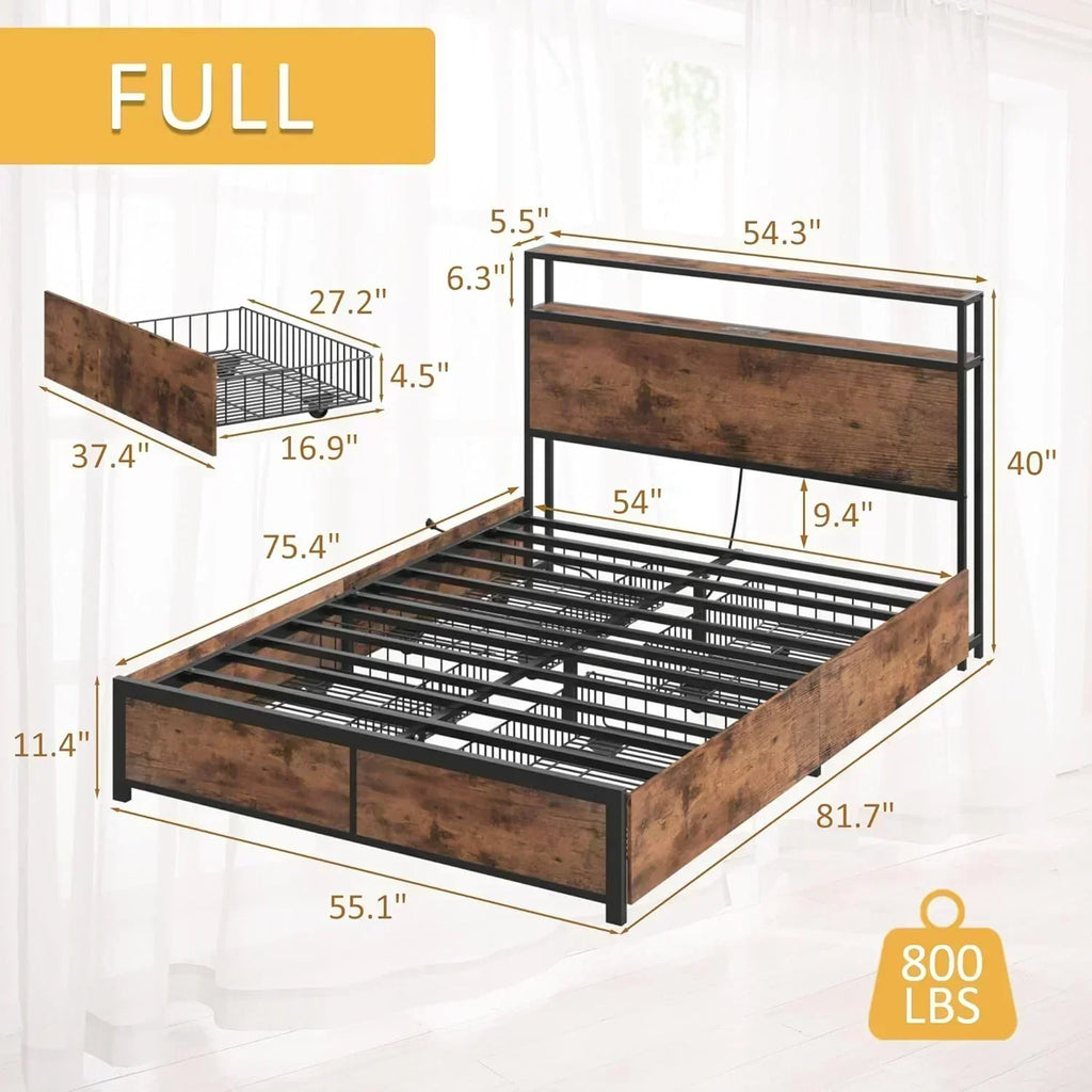 Lifezone Queen Bed Frame 2-Tier Storage Headboard Metal Platform Bed Frame 4 Storage Drawers wourant