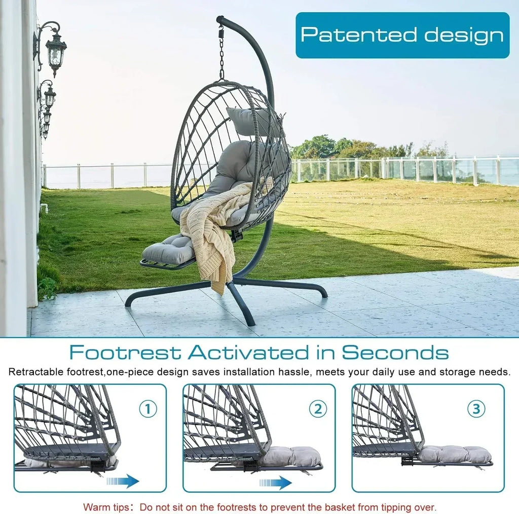 Hanging Egg Chair with Stand and Leg Rest Rattan Wicker Swing Hammock Chair UV-Resistant Cushion wourant