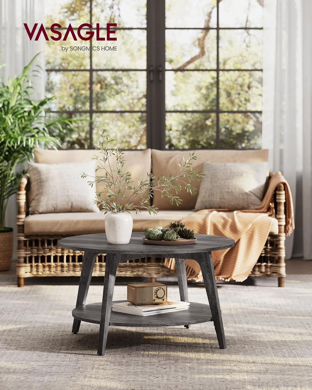 VASAGLE Round Coffee Table 2 Tier Coffee Table with Storage for Living Room 31.5 x 17.7 Inches wourant