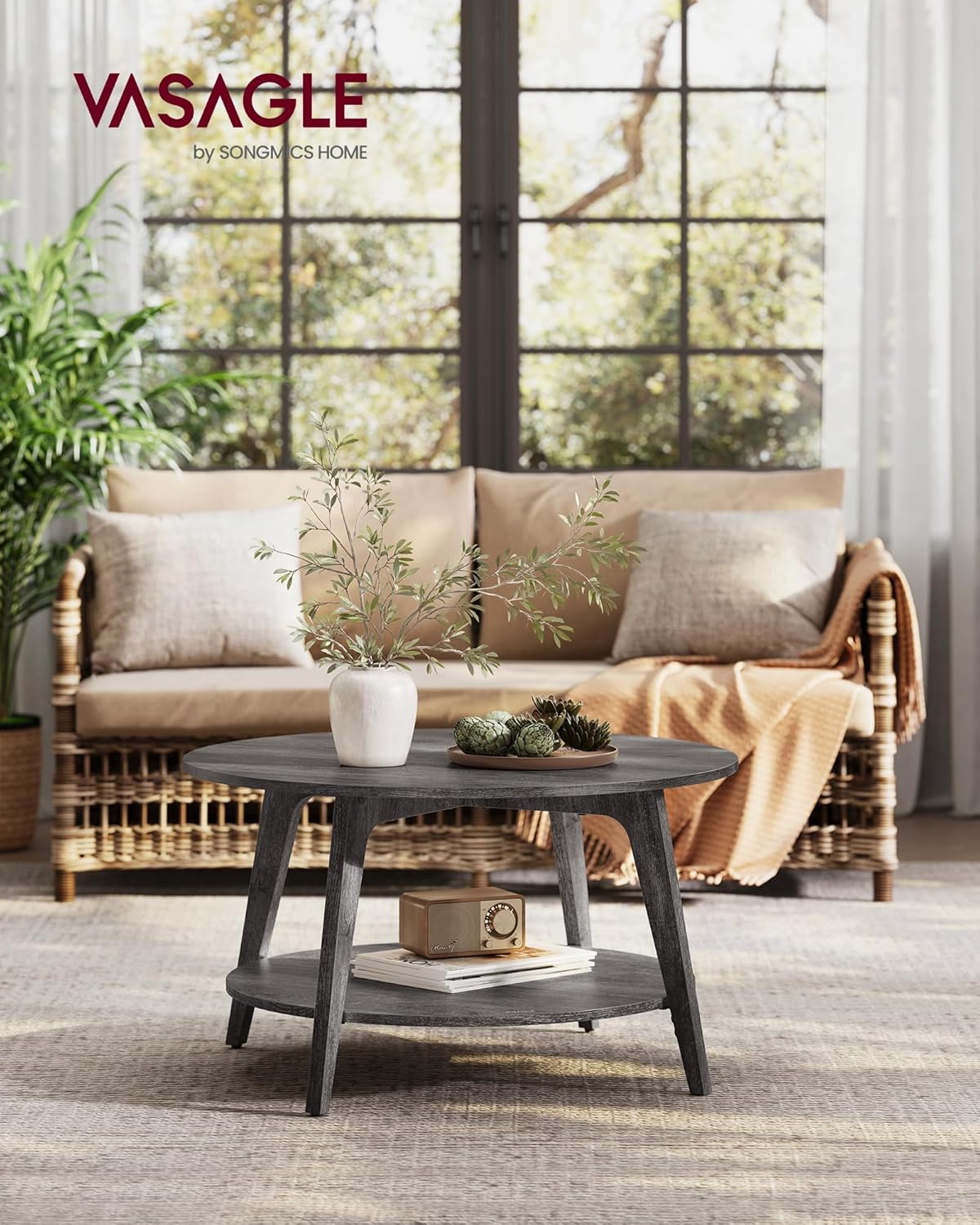 VASAGLE Round Coffee Table 2 Tier Coffee Table with Storage for Living Room 31.5 x 17.7 Inches wourant