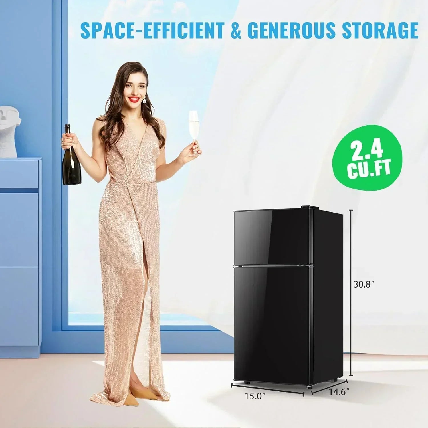 2.4 Cu.Ft Mini Fridge with Freezer Double Door Small Tiny Size Refrigerator with 7 Control Knob wourant