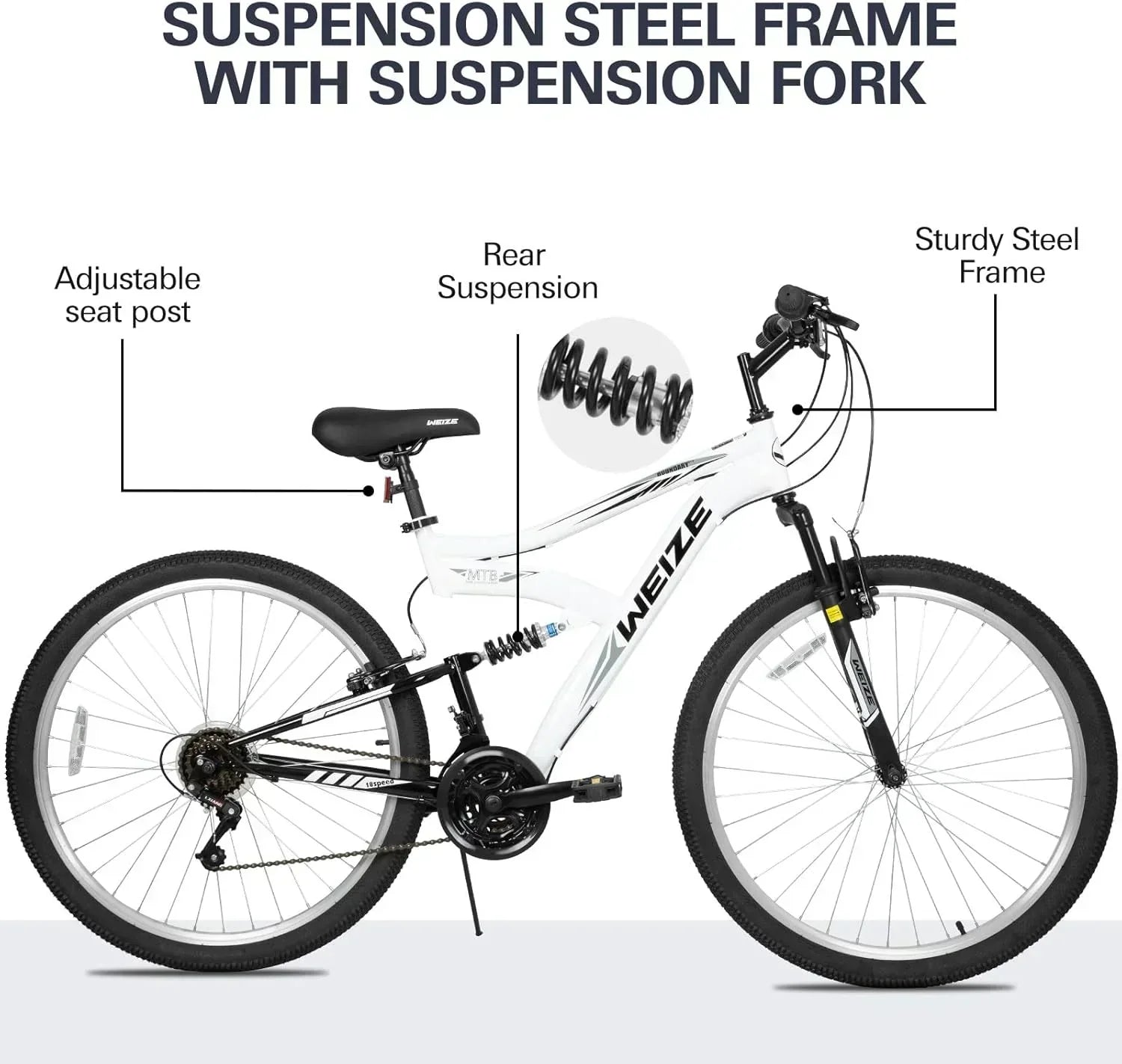 WEIZE Mountain Bike 26 27.5 inch Outdoor Hybrid Bikes 18-Speed High-Carbon Steel Full Suspension wourant