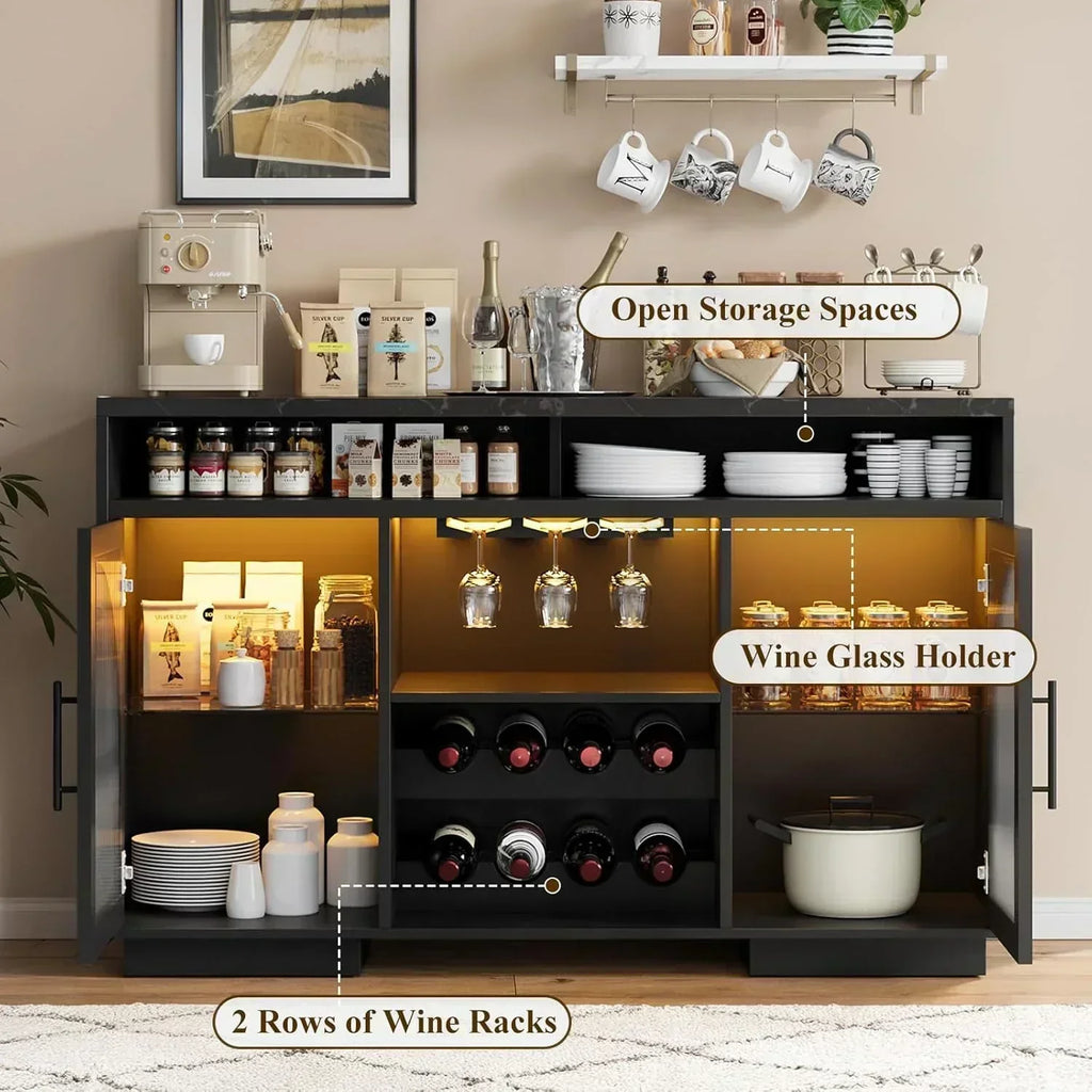 Sideboard 54-inch kitchen cabinet with LED lights and arched glass doors tall bar cabinet wourant
