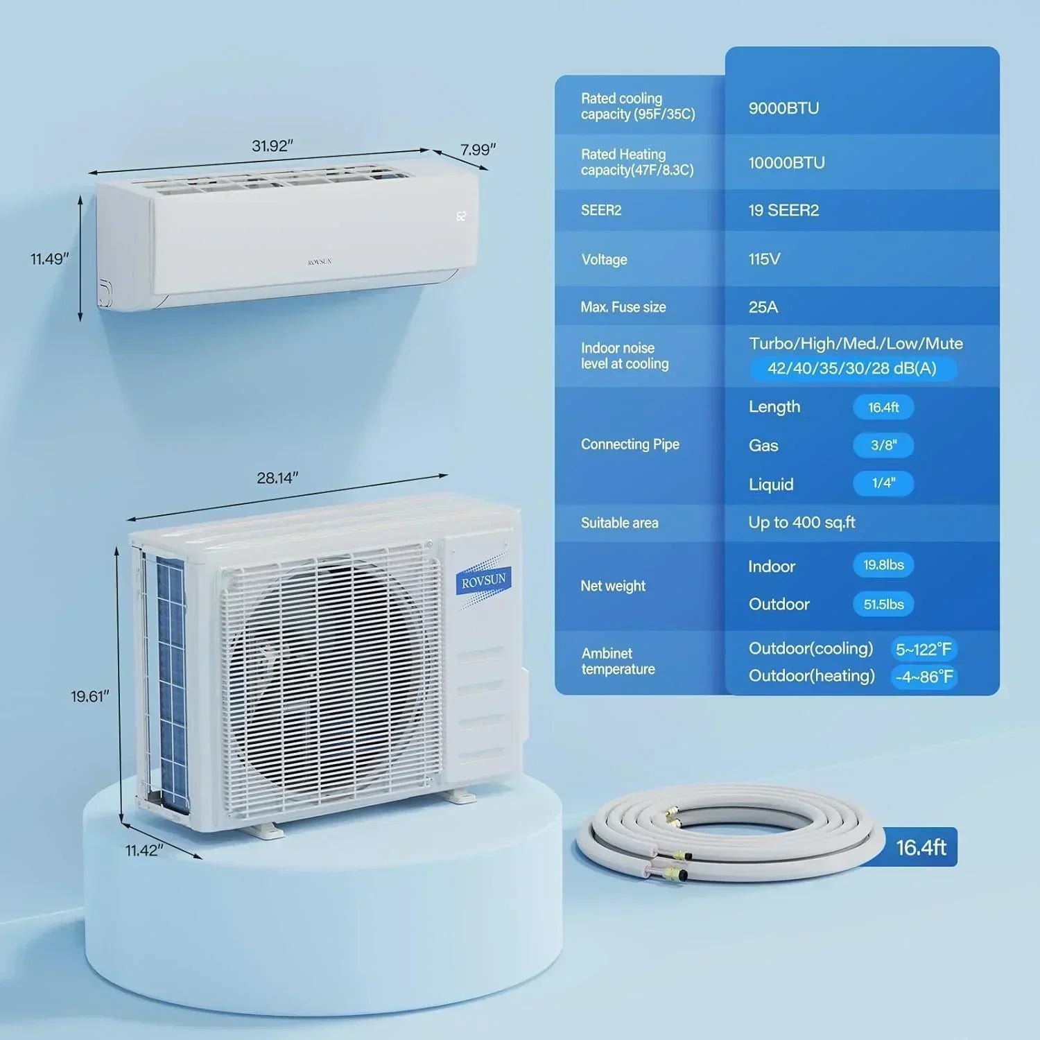 ROVSUN 9000 BTU Wifi Enabled Mini Split Air Conditioner Heater Inverter 19 SEER2 Energy Saving wourant