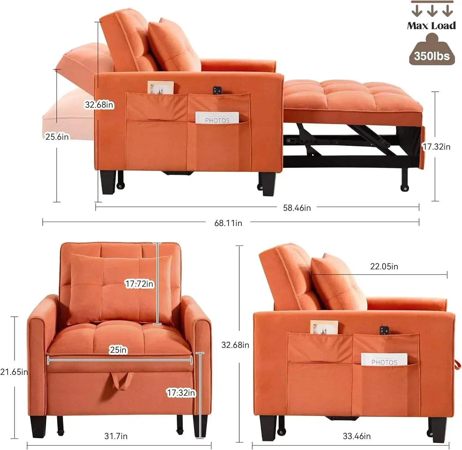 Convertible Sleeper Chair 3 in 1 Sleeper Chair Bed Pull Out Sofa Bed Chairs Velvet Single Sofa wourant