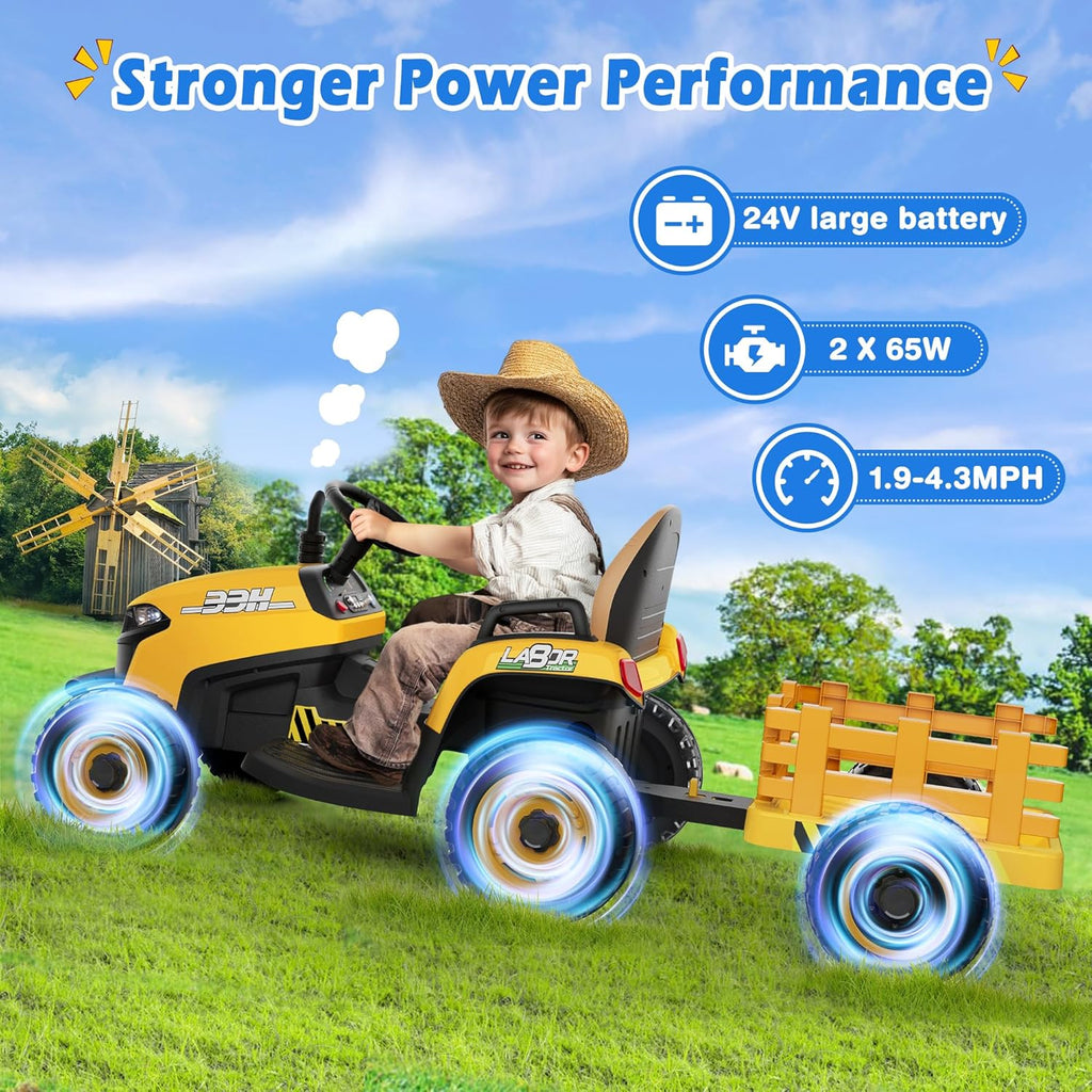 24V Ride On Tractor Tiltable Detachable Trailer 2x65W Motors EVA Tires Remote Control wourant